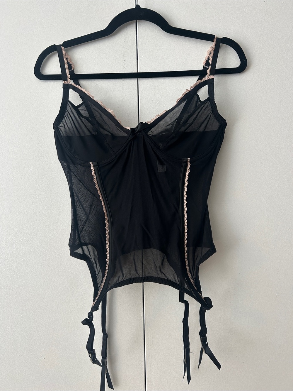 Adore Me Black Sheer Garter Slip with Pink Lace Accents